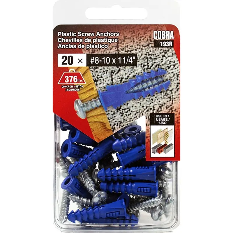 Cobra Anchors 193R Screw Anchor, #8-10 Thread, 1-1/4 in L, Polyethylene, 175 lb