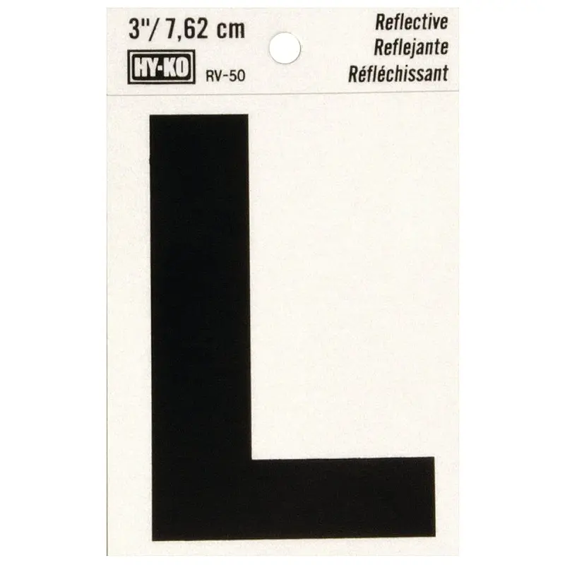 Hy-Ko RV-50/L Reflective Letter, Character: L, 3 in H Character, Black Character, Silver Background, Vinyl